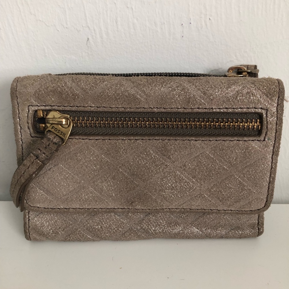 Fossil Metallic Suede Taupe Quilted Zip Wallet with Gold Hardware